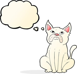 cartoon grumpy little dog with thought bubble