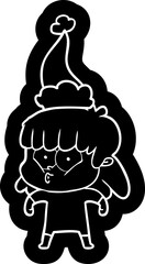 cartoon icon of a whistling girl wearing santa hat