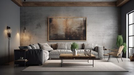 Modern interior design of living room with grey sofa and wooden coffee table