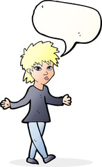 cartoon woman shrugging shoulders with speech bubble