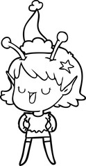 Fototapeta premium happy alien girl line drawing of a wearing santa hat