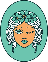 tattoo style icon of a maiden with crown of flowers winking
