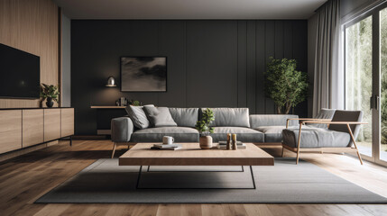 Modern interior design of living room with grey sofa and wooden coffee table