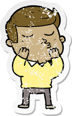 distressed sticker of a cartoon model guy pouting