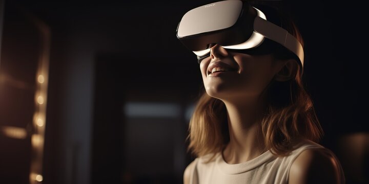 Smile happy woman playing game in virtual reality glasses getting experience using VR headset glasses of virtual reality at home, generative ai