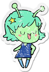 distressed sticker of a happy alien girl cartoon laughing