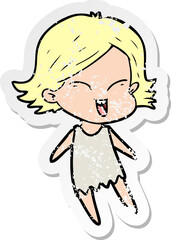 distressed sticker of a happy cartoon girl
