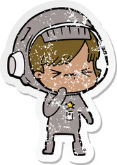 distressed sticker of a cartoon astronaut woman