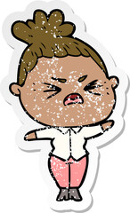 distressed sticker of a cartoon angry woman