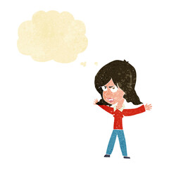 cartoon woman gesturing with thought bubble
