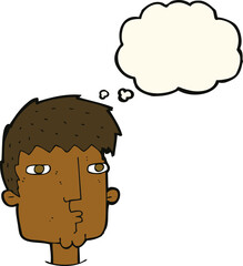 cartoon curious man with thought bubble