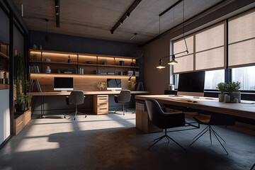 Office interior, office desk photos, front office photos, creative office, modern office design, office wall design, office workspace design photos, images, and pictures. AI generative technology