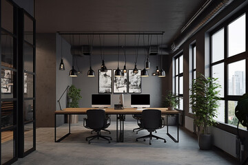 Fototapeta na wymiar Office interior, office desk photos, front office photos, creative office, modern office design, office wall design, office workspace design photos, images, and pictures. AI generative technology