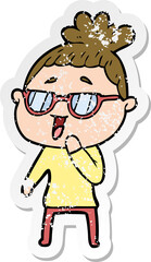 distressed sticker of a cartoon happy woman wearing spectacles