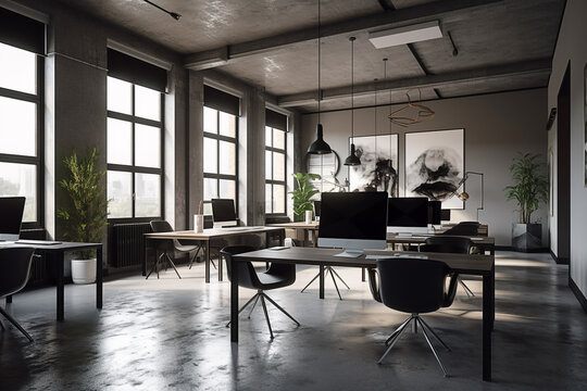 Office interior, office desk photos, front office photos, creative office, modern office design, office wall design, office workspace design photos, images, and pictures. AI generative technology