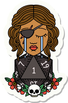 crying human rogue with natural one d20 roll sticker