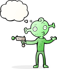 cartoon alien with ray gun with thought bubble