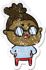 distressed sticker of a cartoon annoyed woman