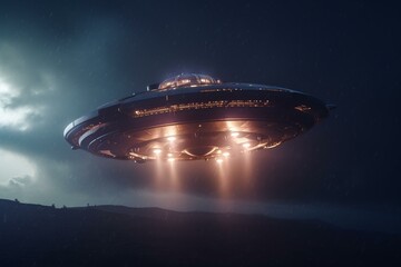Naklejka na ściany i meble Light beam from flying UFO (alien spaceship). 3D rendered illustration. Generative AI