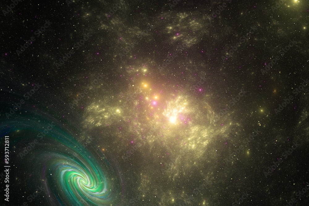 Aufkleber yellow glowing stardust clouds with a green swirling disk in black space. abstract fractal 3d render