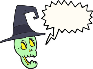speech bubble cartoon skull wearing witch hat