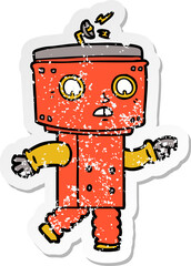 distressed sticker of a cartoon robot pointing