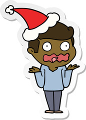 sticker cartoon of a man totally stressed out wearing santa hat
