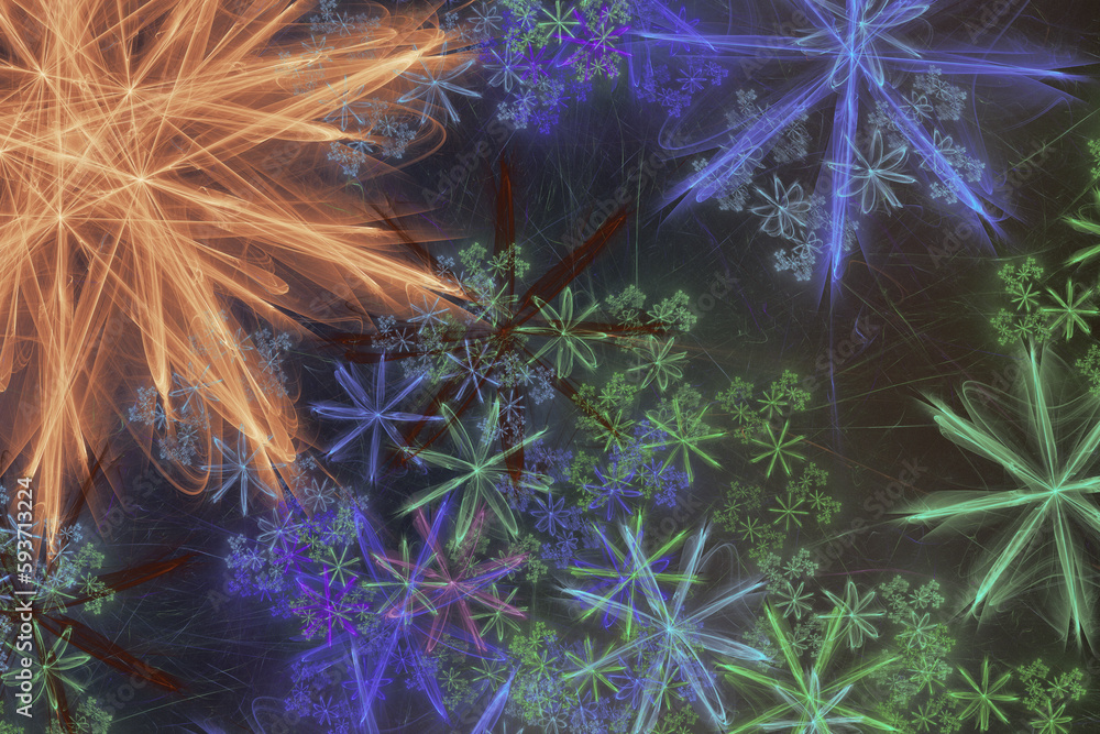 Aufkleber multicolored pattern of flowers from crooked waves on a black background. abstract fractal 3d render