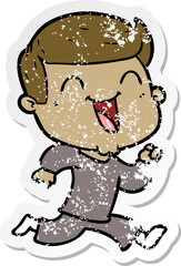 distressed sticker of a cartoon happy man