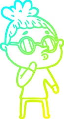 cold gradient line drawing cartoon woman wearing glasses