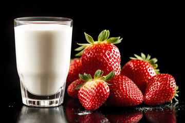 A glass of milk and strawberries on a wooden table on a black background. Ai generative.