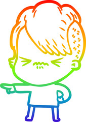 rainbow gradient line drawing cartoon annoyed hipster girl