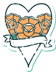 distressed sticker tattoo style icon of a heart and banner with flowers