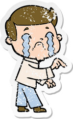 distressed sticker of a cartoon man crying