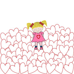 Niña feliz con corazones.