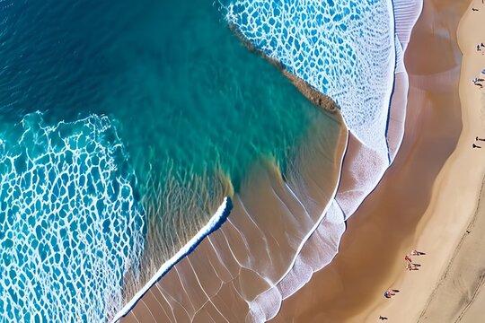 blue Ocean waves on the beach as a background. Beautiful natural summer vacation holidays background. Aerial top view of beach and sea with blue water waves