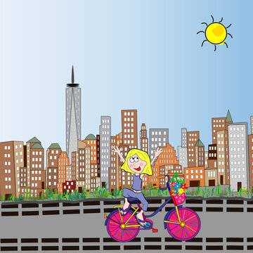 Ni&ntilde;a montando en bicicleta en Manhattan, Nueva York.