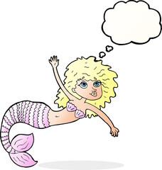 cartoon pretty mermaid waving with thought bubble