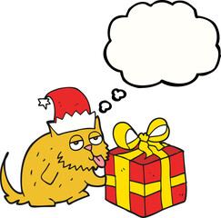 thought bubble cartoon cat with present