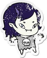 distressed sticker of a cartoon friendly vampire girl waving