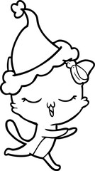line drawing of a cat with bow on head wearing santa hat