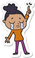 sticker of a cartoon crying woman raising hand
