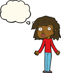 cartoon girl shrugging shoulders with thought bubble
