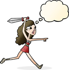 cartoon viking girl with sword with thought bubble