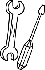 line drawing doodle of a spanner and a screwdriver
