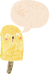 cartoon frozen ice lolly and speech bubble in retro textured style