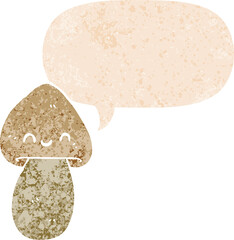 cartoon mushroom and speech bubble in retro textured style
