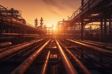Fototapeta na wymiar Large industrial gas pipelines in a modern refinery at sunrise 3d render. Generative AI