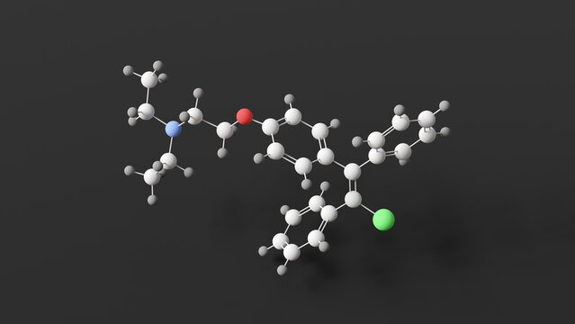 clomifene molecule, molecular structure, clomiphene, ball and stick 3d model, structural chemical formula with colored atoms