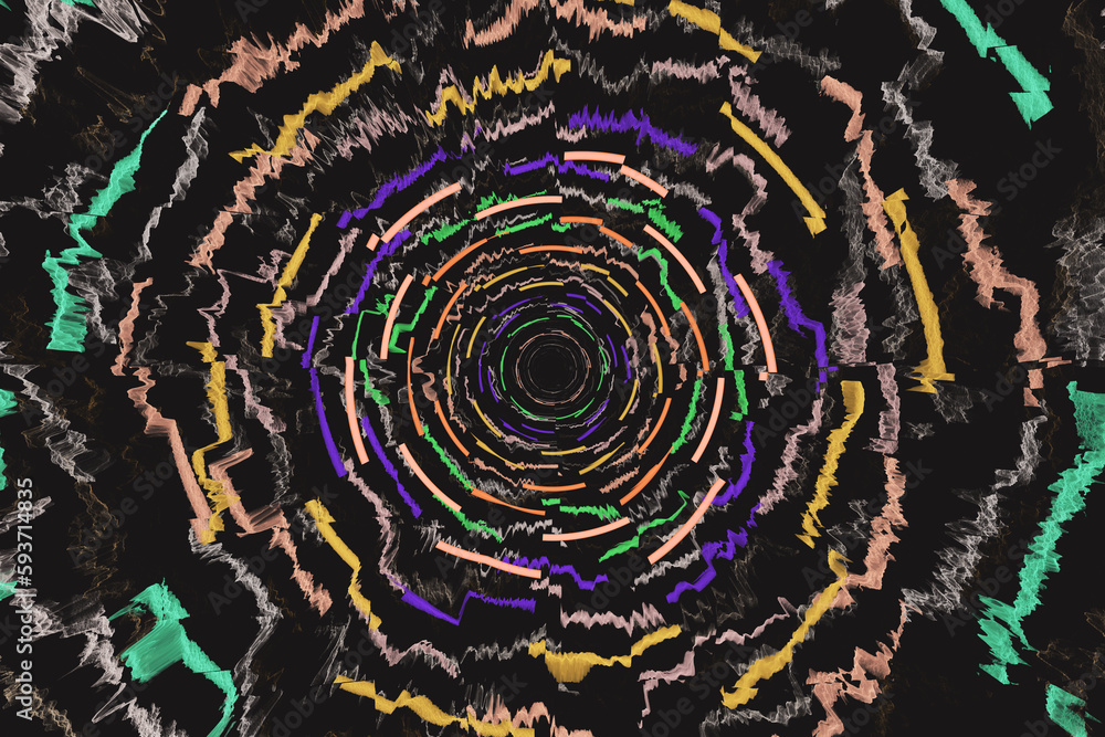 Aufkleber multicolored bright round pattern of crooked waves on a black background. abstract fractal 3d render